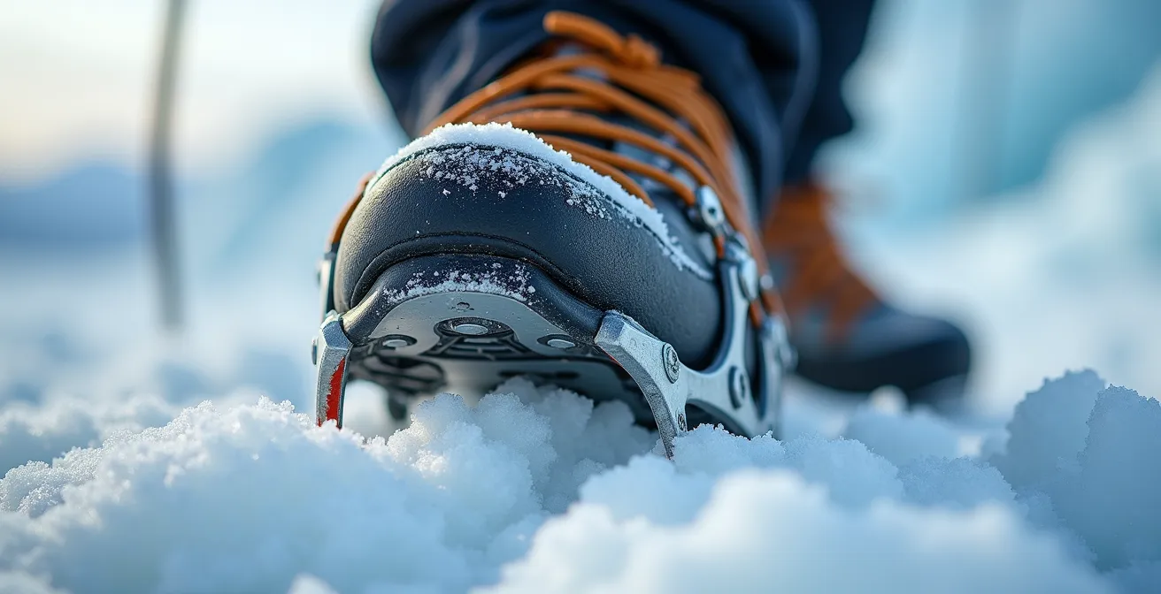 Gros plan sur des crampons fixés à une chaussure d'alpinisme sur neige