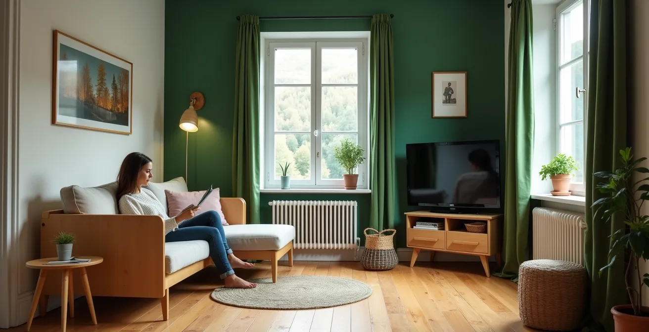 Salon avec mur d'accent vert forêt du Jura et mobilier en bois clair