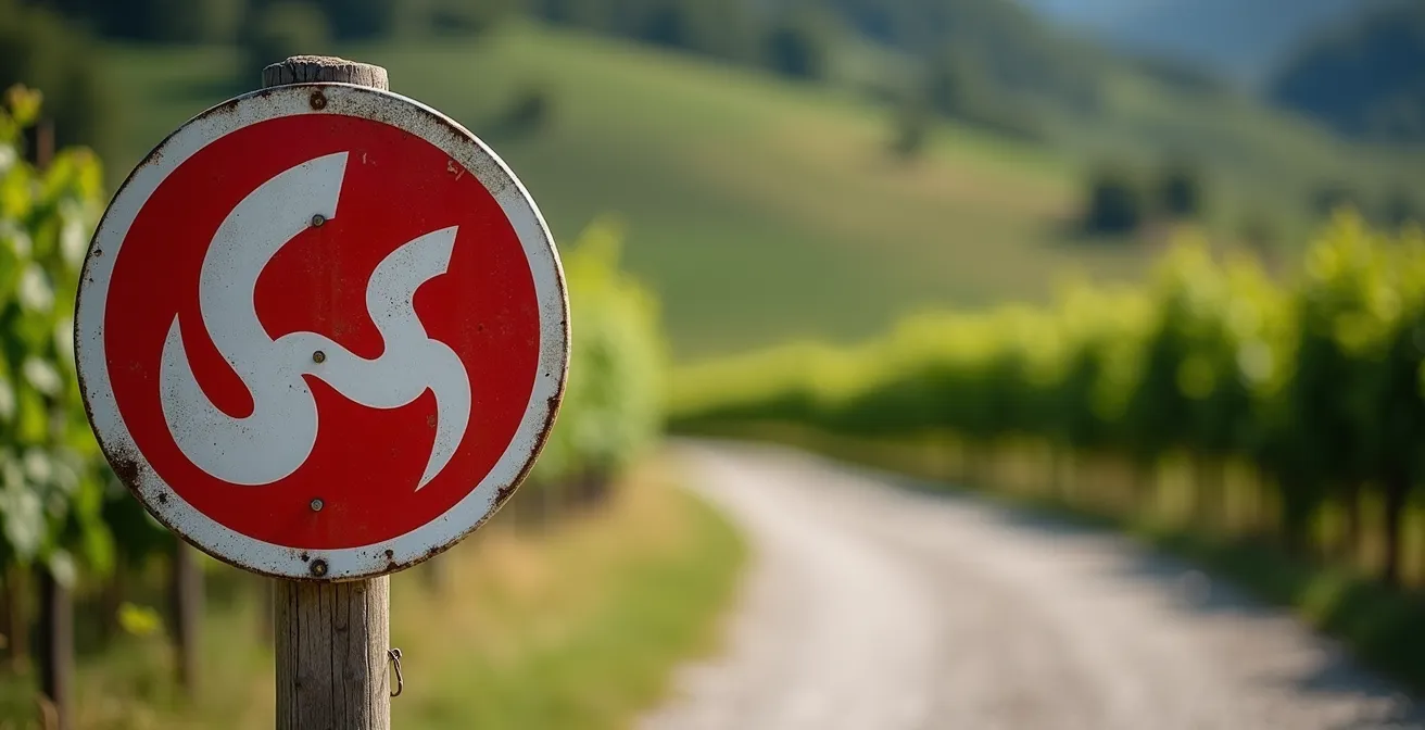 Panneau d'interdiction de circulation avec exception pour les vélos sur un chemin agricole suisse