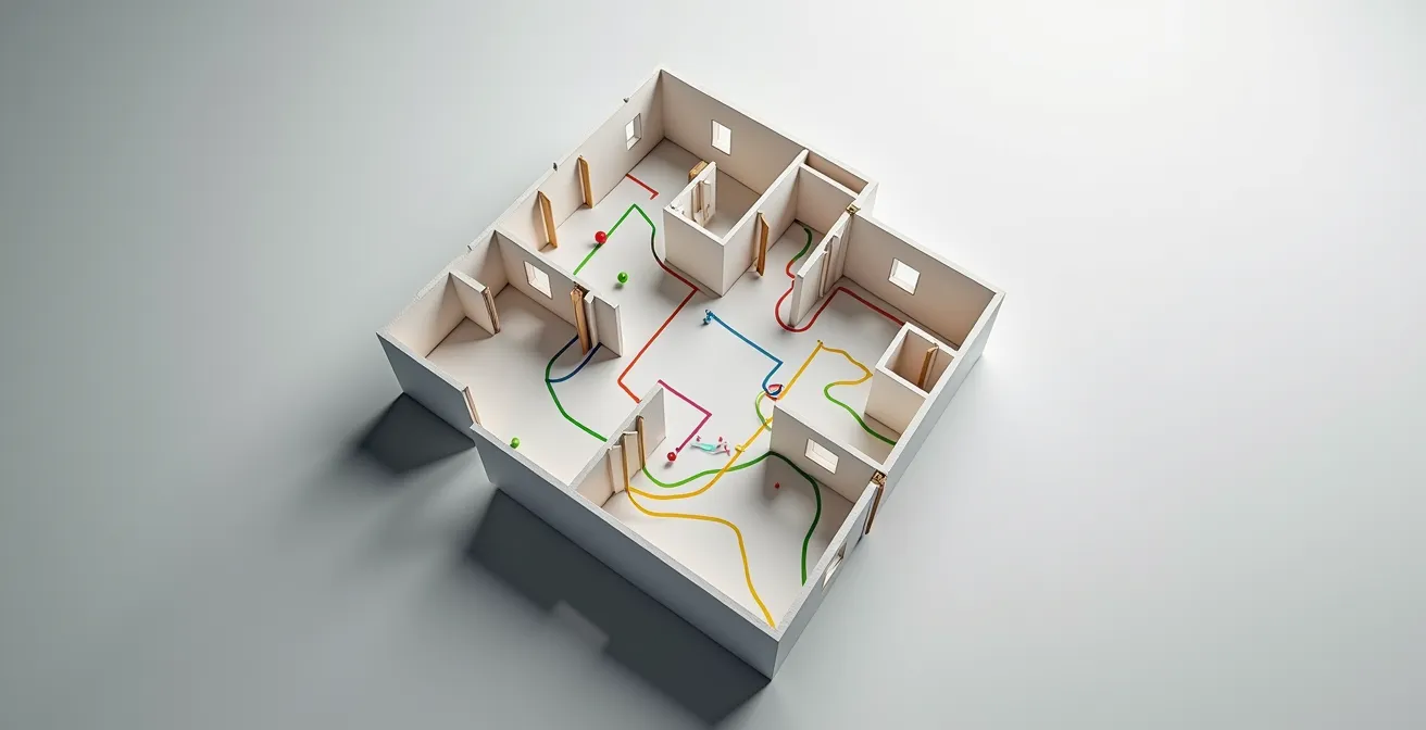 Vue aérienne d'un plan d'appartement avec trajectoires colorées marquant le parcours quotidien et emplacements des prises