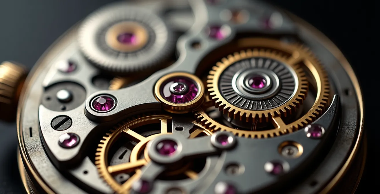 Gros plan macro d'un mécanisme horloger suisse avec rouages dorés et argentés en mouvement