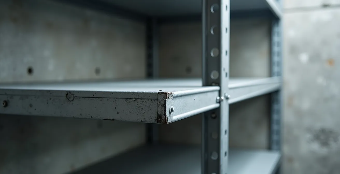 Cave d'immeuble suisse avec rayonnages métalliques galvanisés organisés et sécurisés