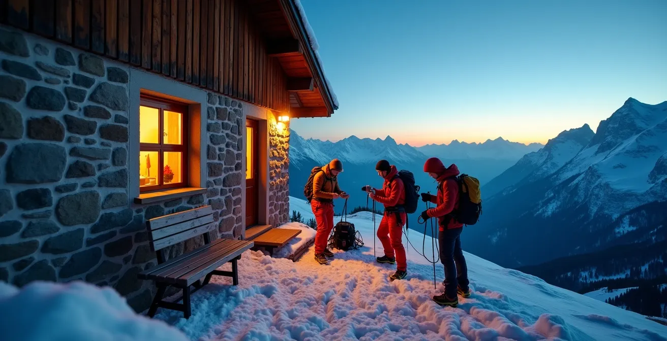 Refuge de haute montagne au lever du soleil avec alpinistes se préparant