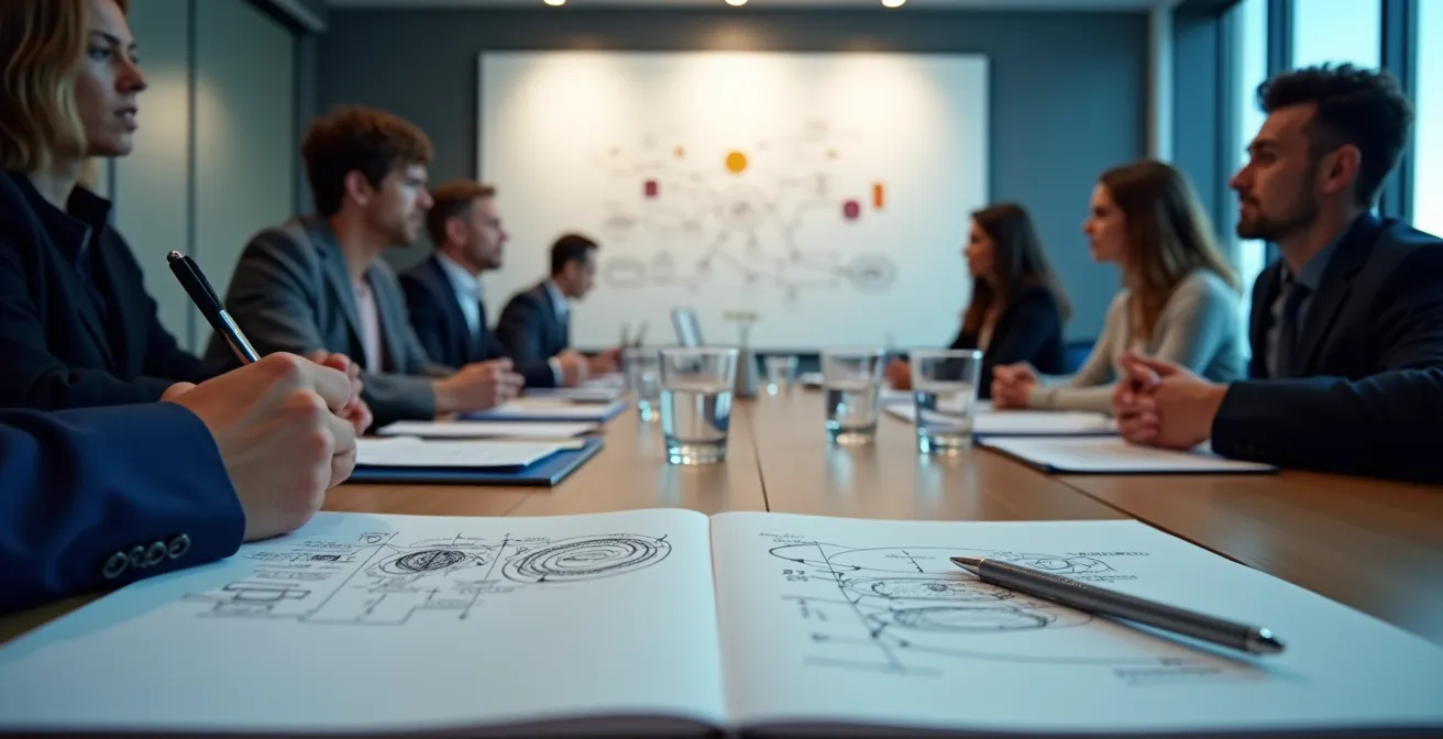 Salle de réunion moderne avec tableau blanc couvert de notes structurées et participants en discussion collaborative
