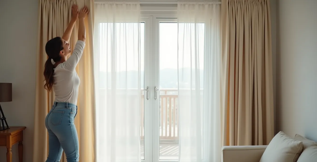 Vue d'un salon avec rideaux installés près du plafond créant une ligne verticale ininterrompue