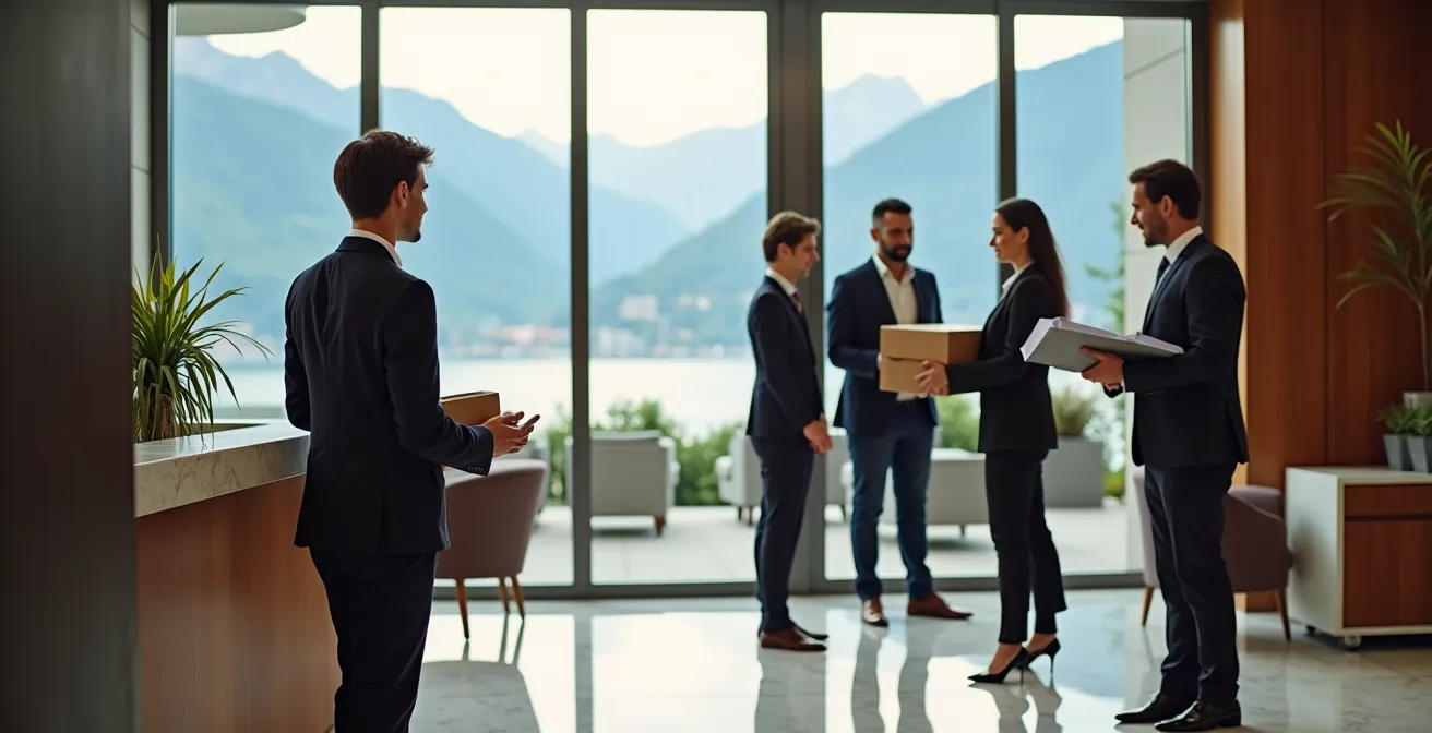 Hall d'entrée moderne d'un immeuble résidentiel de luxe sur l'arc lémanique avec concierge accueillant des résidents internationaux