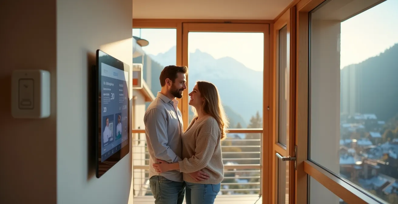 Intérieur moderne d'appartement suisse avec système domotique intégré et panneaux de contrôle énergétique