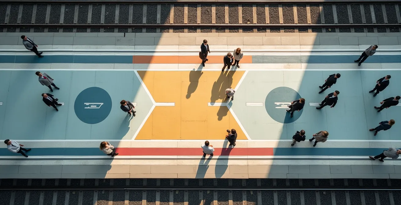 Vue aérienne d'un quai de gare suisse avec marquages secteurs et voyageurs positionnés