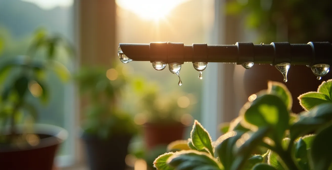 Système d'arrosage goutte-à-goutte installé sur des plantes d'intérieur dans un salon suisse moderne