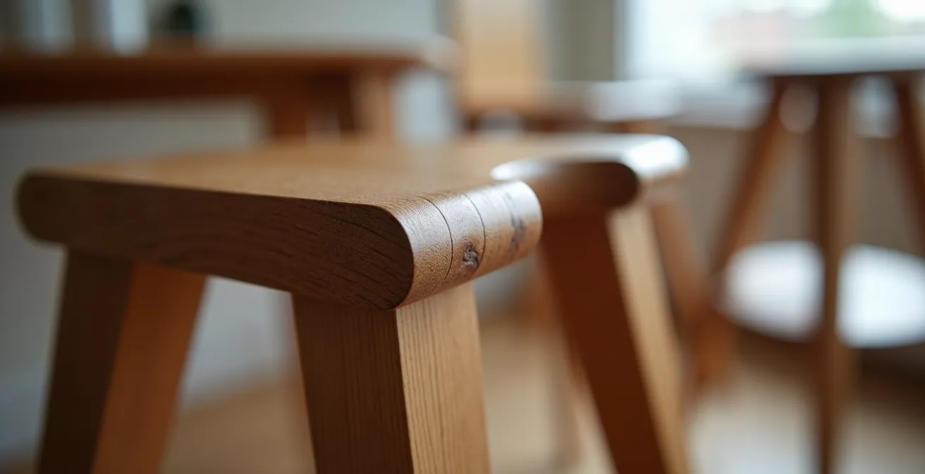 Gros plan sur des tabourets design empilables en bois et métal dans un intérieur minimaliste