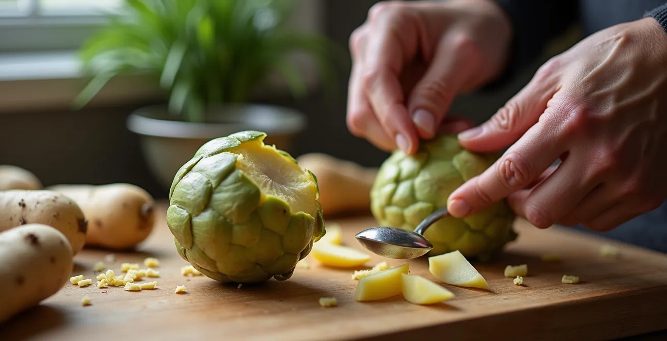 Mains épluchant délicatement un topinambour avec une cuillère sur planche de bois