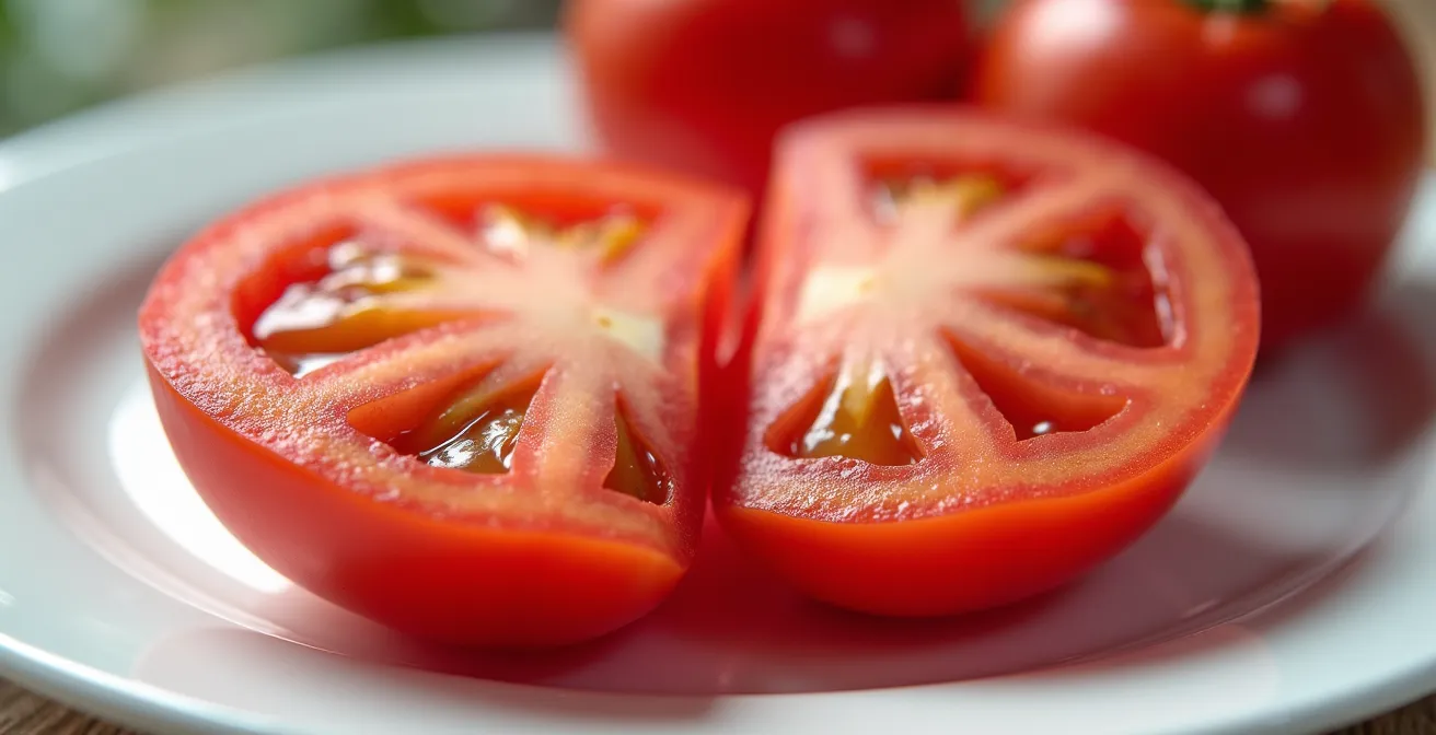 Comparaison visuelle d'une tomate sous différentes sources lumineuses montrant l'impact de l'IRC