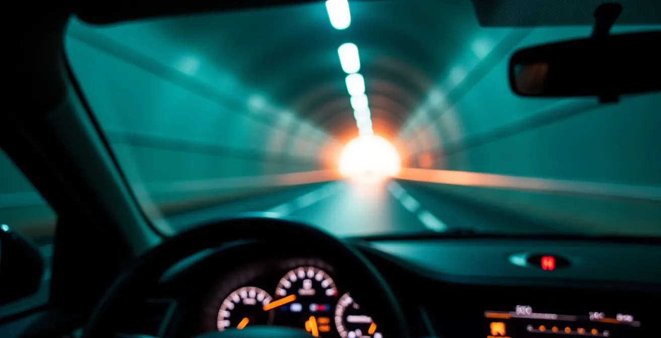 Vue depuis l'intérieur d'une voiture traversant un tunnel sous-marin féroïen avec éclairage bleuté
