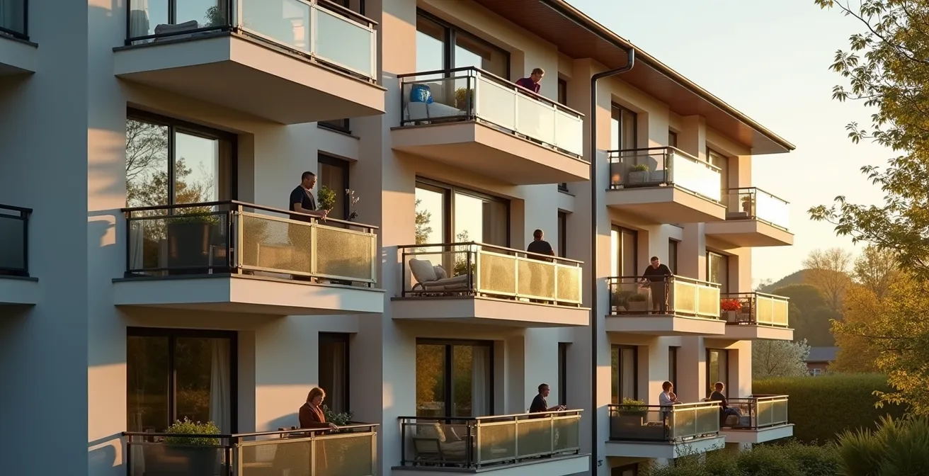 Immeuble résidentiel suisse moderne avec balcons et espaces communs harmonieux