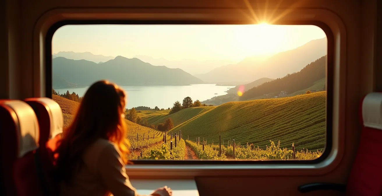 Vue spectaculaire depuis le GoldenPass sur les vignobles de Lavaux et le lac Léman