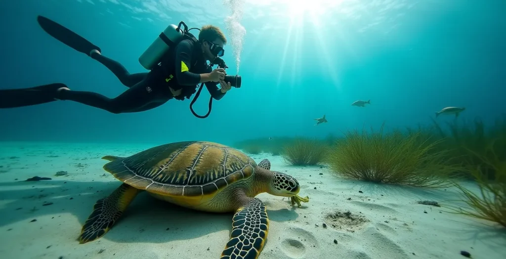 Photographe sous-marin utilisant un téléobjectif pour capturer une tortue marine à distance sécuritaire Photographe sous-marin utilisant un téléobjectif pour capturer une tortue marine à distance sécuritaire